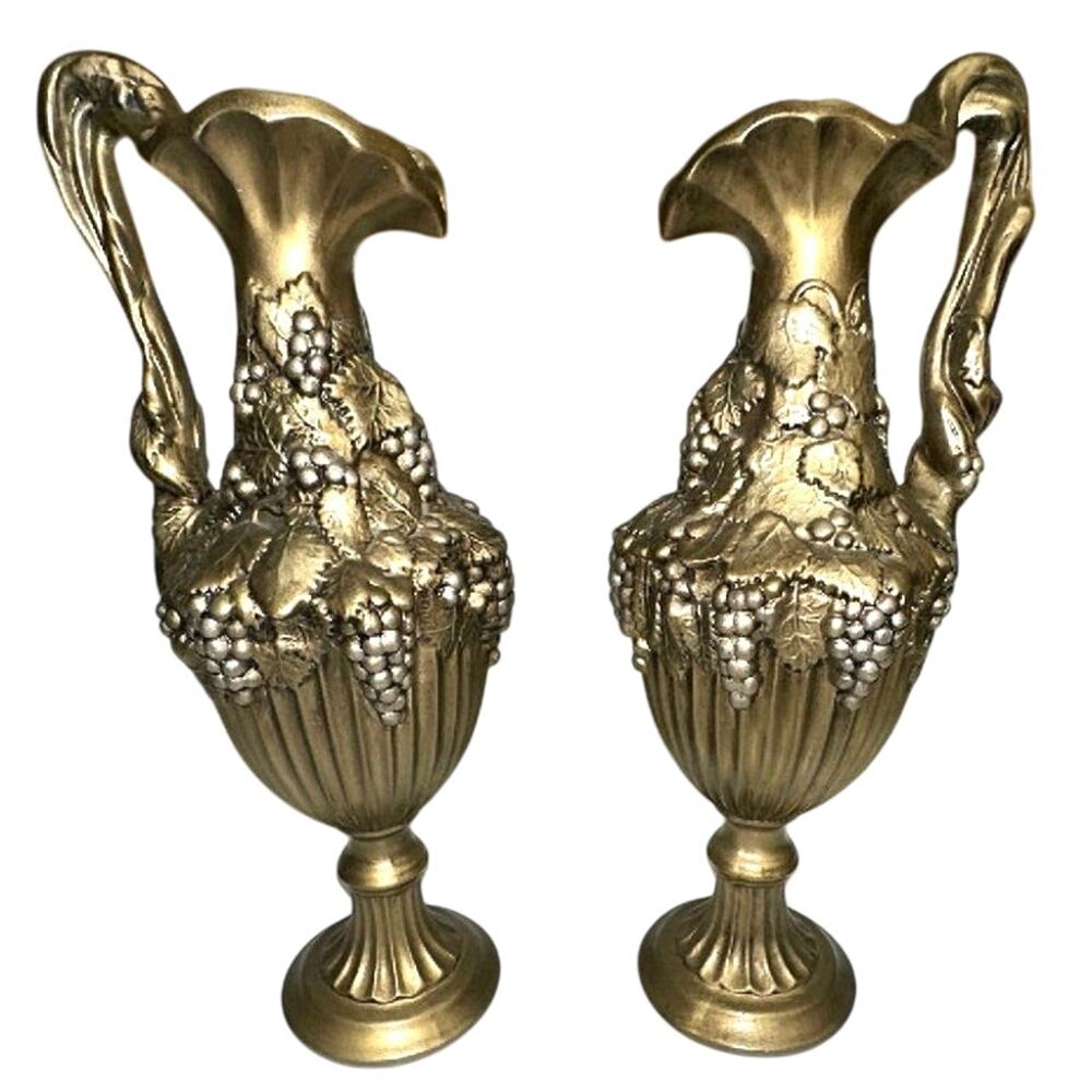 Gold-Tone Arnels Grape Motif Ceramic Pitcher Pair, 1967